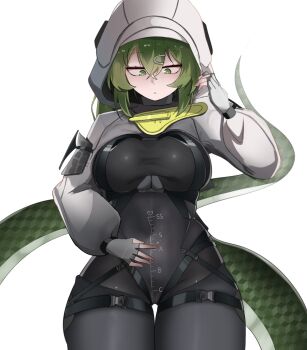 Rule 34 | 1girl, arknights, arknights: endfield, black bodysuit, bodysuit, breasts, cjc4848, commentary request, covered navel, cowboy shot, crossed bangs, fingerless gloves, fluorite (arknights), gloves, green eyes, green hair, grey gloves, hand on own stomach, highres, hood, hood up, hooded shrug, korean commentary, large breasts, length markings, lizard tail, long sleeves, looking down, measuring, penis measuring, puffy long sleeves, puffy sleeves, reptile girl, shrug (clothing), simple background, solo, tail, thigh gap, white background, white shrug, wide hips