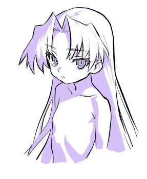 1girl flat_chest long_hair looking_at_viewer matuo3232 monochrome no_nipples nude parted_lips rance_(series) sengoku_rance shinobu_(rance) simple_background sketch solo upper_body