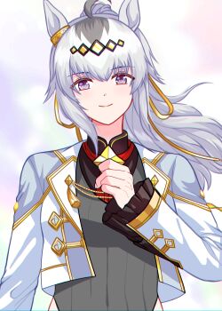 Rule 34 | 1girl, absurdres, ahoge, animal ears, bbreaad, blue eyes, blush, breasts, brooch, closed mouth, commentary request, cropped jacket, grey hair, grey leotard, hair between eyes, hair ornament, hair ribbon, hairband, highres, horse ears, horse girl, jacket, jewelry, leotard, long hair, long sleeves, looking at viewer, neckerchief, official alternate costume, oguri cap (cinderella gray) (umamusume), oguri cap (umamusume), ponytail, red neckerchief, ribbon, smile, solo, star brooch, umamusume, umamusume: cinderella gray, upper body, white jacket