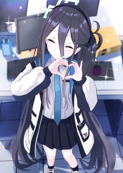 1girl absurdly_long_hair absurdres aqua_halo aris_(blue_archive) black_hair black_skirt black_socks blue_archive blue_necktie closed_eyes closed_mouth collared_shirt commentary_request computer_keyboard computer_mouse facing_viewer from_above halo heart heart_hands highres indoors jacket long_hair long_sleeves monitor necktie one_side_up open_clothes open_jacket partial_commentary pleated_skirt shirt shoes skirt smile socks solo standing thomason366 very_long_hair white_jacket white_shirt white_shoes