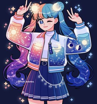 1girl belt wallet_chain blue_background blue_belt blue_eyes blue_hair blue_jacket blue_skirt constellation cowboy_shot crescent crescent_hair_ornament crescent_moon dark_background double_bun emily_kim floating gradient_hair hair_bun hair_ornament highres jacket liquid moon moon_phases multicolored_hair multicolored_jacket one_eye_closed orange_hair orange_jacket original pleated_skirt purple_hair saturn_(planet) see-through_clothes see-through_jacket simple_background skirt smile solo split-color_hair sun twintails twitter_username two-tone_jacket v zipper_pull_tab