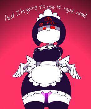 1girl animated animated_gif apron black_dress black_hair bob_cut bouncing_breasts breasts collared_dress colored_skin cowboy_shot cum-powered_maid-robot dress english_text female_focus frilled_apron frills gloves huge_breasts imminent_penetration imminent_rape maid maid_apron maid_headdress minuspal original puffy_sleeves red_background red_eyes robot short_hair short_sleeves simple_background smile solo solo_focus upper_body white_skin wide_hips