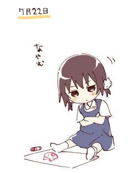 1girl blue_dress blush_stickers brown_eyes brown_hair child closed_mouth collared_shirt crayon crossed_arms drawing_(object) dress full_body funami_mari hashtag-only_commentary highres jitome namori no_shoes pinafore_dress shirt short_hair short_sleeves simple_background sitting sleeveless sleeveless_dress socks solo translation_request white_background white_shirt white_socks yuruyuri