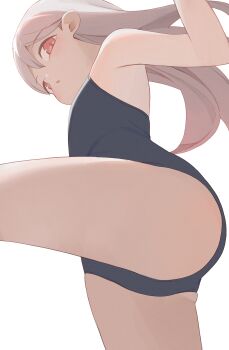 1girl ass black_one-piece_swimsuit commentary flat_chest from_below grey_hair highres hiroki_(yyqw7151) long_hair looking_at_viewer one-piece_swimsuit open_mouth original red_eyes school_swimsuit simple_background solo swimsuit thighs white_background