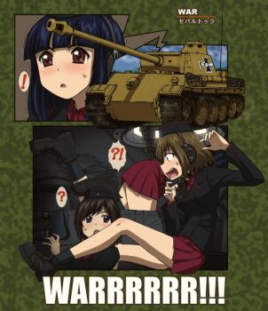 Rule 34 | !, !?, 10s, 3girls, ?, ankle boots, bad id, bad pixiv id, black footwear, black hair, black hat, black jacket, black legwear, blue eyes, blunt bangs, boots, brown hair, colored pencil (medium), comic, dress shirt, emblem, english text, extra, garrison cap, girls und panzer, hat, jacket, kneeling, kuromorimine (emblem), kuromorimine military uniform, long hair, long sleeves, looking at another, military, military hat, military uniform, military vehicle, miniskirt, motor vehicle, multiple girls, open mouth, panther (tank), pleated skirt, purple eyes, red shirt, red skirt, shirt, short hair, sitting, skirt, socks, spoken exclamation mark, spoken interrobang, spoken question mark, sweatdrop, tank, tank interior, toyomaru, traditional media, trembling, vehicle request