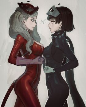 2girls annoyed ass biker_clothes black_scarf blonde_hair blue_bodysuit blue_eyes blunt_bangs bodysuit braid breast_on_breast breast_press breasts brown_hair cat_mask catsuit chapinor crown_braid earrings from_side full-length_zipper gloves grey_mask highres jewelry latex latex_bodysuit long_hair long_scarf looking_at_another mask mask_on_head medium_breasts metal_mask multiple_girls niijima_makoto panther_(persona_5) persona persona_5 pink_gloves queen_(persona_5) red_bodysuit red_eyes red_mask scarf short_hair shoulder_spikes simple_background spiked_knuckles spikes svc_chaos symmetrical_docking tail takamaki_anne twintails white_gloves zipper