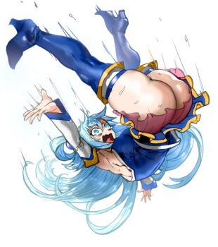 1girl accidental_exposure aqua_(konosuba) ass blue_dress blue_eyes blue_hair blue_skirt blush boots breasts detached_sleeves dress falling frilled_skirt frills hair_rings huge_ass kono_subarashii_sekai_ni_shukufuku_wo! layered_skirt long_hair medium_breasts miniskirt no_panties open_mouth skirt tearing_up the_golden_smurf thick_thighs thigh_boots thighhighs thighs tongue under_skirt wardrobe_malfunction wide_hips