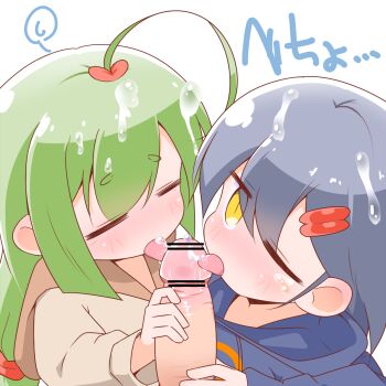 2girls bar_censor blush cello_(20000) censored character_request closed_eyes cooperative_fellatio cum cum_in_mouth cum_on_body cum_on_hair cum_on_tongue erection facial fellatio ffm_threesome green_hair grey_hair group_sex hair_ornament hairclip hetero hood hood_down hoodie licking licking_penis long_hair multiple_girls one_eye_closed oral penis saliva slit_pupils teamwork_(sexual) threesome tongue tongue_out webp-to-png_conversion white_background yellow_eyes