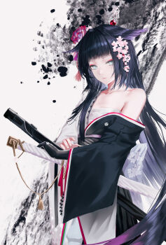 1girl absurdres arknights back_bow black_gloves black_hair black_kimono blue_eyes blunt_bangs bow chest_sarashi collarbone cowboy_shot expressionless eyeshadow feather_hair flower gloves hair_flower hair_ornament highres ink japanese_clothes kimono long_hair long_sleeves looking_at_viewer makeup mio_(arknights) off_shoulder parted_lips pink_flower red_eyeshadow red_flower ressec sarashi sheath sheathed simple_background single_bare_shoulder single_glove solo sword tassel very_long_hair weapon white_background white_bow wide_sleeves