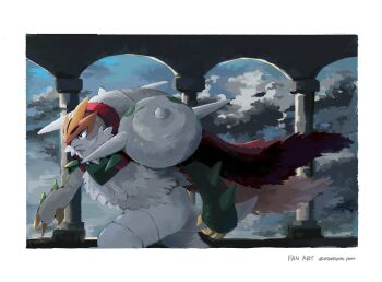 1other cape chesnaught claws closed_mouth cloud cloudy_sky colored_skin column commentary_request forehead_protector fur_cape gen_6_pokemon green_skin highres mega_chesnaught mega_pokemon momota_pix multicolored_skin nintendo pillar pokemon pokemon_(creature) pokemon_focus red_fur red_nose sky two-tone_skin white_beard white_fur white_skin yellow_claws
