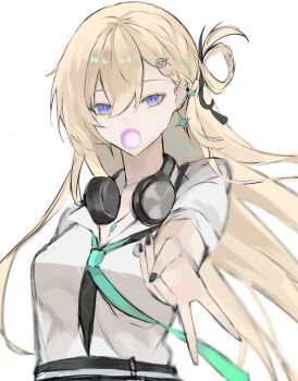 Rule 34 | 1girl, aqua necktie, bag, black nails, blonde hair, blowing bubble gum, blue eyes, breasts, chewing gum, earrings, fingernails, hair between eyes, hair ornament, headphones, headphones around neck, highres, holding, jewelry, long hair, looking at viewer, lynae (wuthering waves), multicolored hair, necktie, shirt, skull hair ornament, solo, star (symbol), star earrings, streaked hair, v, warabi 137, white shirt, wuthering waves