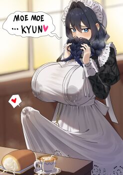1futa apron black_dress blue_eyes blue_hair blush braid breasts bulge coffee cum cum_in_clothes cum_through_clothes cup dress embroidered_dress english_text erection erection_under_clothes fanged_bangs food frilled_hat frills futanari grabbing_own_hair hair_intakes hat heart highres holding_own_hair hololive hololive_english huge_breasts huge_penis lactation lactation_through_clothes long_hair low_twin_braids maid maid_apron mob_cap moe_moe_kyun! official_alternate_costume official_alternate_hairstyle ouro_kronii ouro_kronii_(maid) penis solo spammayoss spoken_heart twin_braids victorian_maid virtual_youtuber white_apron