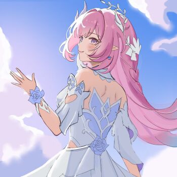 1girl bare_shoulders blue_sky breasts cyrene_(honkai:_star_rail) cyrene_(ripples_of_past_reverie)_(honkai:_star_rail) dress earrings from_behind hashtag-only_commentary highres honkai:_star_rail honkai_(series) jewelry kokomima1n long_hair medium_breasts pink_hair pointy_ears purple_eyes sky smile solo very_long_hair white_dress white_hair