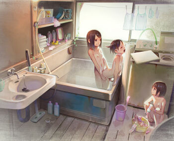 3girls anal_beads bath bathroom bathtub bow bow_panties breasts brown_eyes brown_hair closed_eyes clothes_pin clothesline completely_nude condom condom_packet_strip condom_wrapper dildo doggystyle egg_vibrator green_theme grin hands_on_another&#039;s_hips heart heart_print highres humping indoors kodomo_doushi laundry leaning_forward loli long_hair looking_at_another mirror muk_(monsieur) multiple_girls navel nipples nude open_mouth original panties roomscape same-sex_bathing sex sex_from_behind sex_toy shampoo shared_bathing short_hair shower_head small_breasts smile squatting standing sunlight textless_version top-load_washing_machine underwear unworn_clothes unworn_panties vibrator wading washing_machine white_panties window wooden_floor yuri