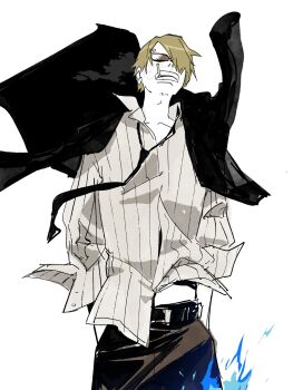 1boy belt belt_buckle black_belt black_jacket black_necktie black_pants blonde_hair buckle cigarette clenched_teeth collared_shirt commentary edpan english_commentary hands_in_pockets highres jacket jacket_on_shoulders long_sleeves male_focus midriff_peek necktie one_piece open_collar pants parted_bangs pinstripe_pattern pinstripe_shirt sanji_(one_piece) shirt short_hair sleeve_cuffs smoking solo sunglasses teeth white_shirt