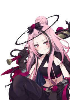 1girl absurdres baseball_bat black_gloves black_hair black_jacket blush bow breasts cleavage commentary delinquent english_commentary fang flower gloves grin hair_bow hair_bun hair_flower hair_ornament halo highres holding holding_baseball_bat jacket jacket_on_shoulders long_hair looking_at_viewer midriff multicolored_hair nijisanji nijisanji_en official_alternate_costume pink_hair plant red_eyes red_flower red_rose rose rosemi_lovelock rosemi_lovelock_(demon_delinquent) simple_background small_breasts smile solo squatting streaked_hair sukeban thorns valefal_coneri vines virtual_youtuber white_background