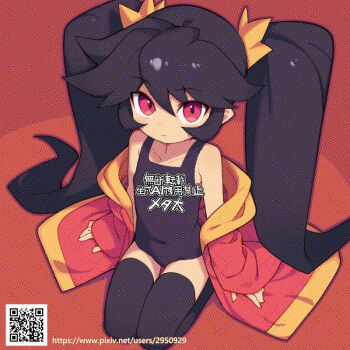 1girl ashley_(warioware) bare_shoulders black_hair black_one-piece_swimsuit black_thighhighs closed_mouth commentary_request covered_navel expressionless flat_chest full_body hair_ornament hair_scrunchie long_hair long_sleeves looking_at_viewer metata nintendo one-piece_swimsuit open_clothes open_robe pixiv_id qr_code red_eyes red_robe robe scrunchie seiza sitting sleeves_past_wrists solo swimsuit thighhighs twintails very_long_hair warioware watermark watermark_grid web_address yellow_scrunchie