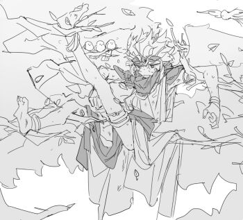 1boy bad_id bad_twitter_id barefoot bird cookie_run greyscale humanization in_tree inactive_account male_focus monochrome nana_(ebitokanimiso) outdoors painttool_sai_(medium) robe scar scarf short_hair simple_background sketch solo tree white_background wind_archer_cookie