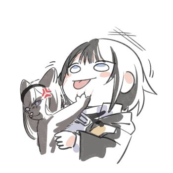 2girls absurdres anger_vein animal animal_ears animalization arknights arknights:_endfield black_coat black_hair black_hairband blue_eyes blush_stickers brown_cat cat cat_ears closed_mouth coat commentary cumulussen diamond-shaped_pupils diamond_(shape) endministrator_(arknights) english_commentary female_endministrator_(arknights) hairband highres holding holding_animal holding_cat injury long_sleeves motion_lines multiple_girls no_mask open_clothes priestess_(arknights) short_hair sweater symbol-shaped_pupils tongue tongue_out white_sweater