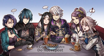... 3boys 3girls arm_around_shoulder blue_eyes blue_hair blush booth_seating bowl breasts choker cleavage cocktail_glass coffee comb couple cup dragon_boy drinking_glass fire_emblem fire_emblem:_three_houses fire_emblem_awakening fire_emblem_fates food fruit fur_trim glass gloves gzei hachimaki hair_ornament headband japanese_clothes large_breasts lemon lemon_slice male_byleth_(fire_emblem) male_corrin_(fire_emblem) male_robin_(fire_emblem) multiple_boys multiple_girls nintendo one_eye_closed orochi_(fire_emblem) pointy_ears purple_eyes purple_hair red_eyes robe say'ri_(fire_emblem) shamir_nevrand simple_background sitting speech_bubble straw table white_hair yellow_eyes