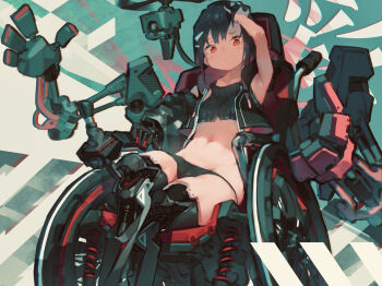 1girl aamond arm_up armpits bare_arms bare_shoulders black_hair black_panties black_shirt blouse chair closed_mouth commentary_request crop_top female_focus hair_ornament hairclip highres hood hood_down looking_at_viewer machine mechanical_arms navel original panties prosthesis prosthetic_arm prosthetic_leg red_eyes ribbed_shirt shirt short_hair single_mechanical_arm sitting sleeveless sleeveless_jacket sleeveless_shirt solo stomach underwear wheelchair