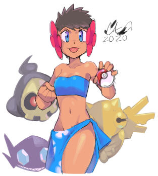 1girl 2020 bandeau bare_shoulders black_hair blue_bandeau blue_eyes blue_sarong caliginousarts clenched_hand commentary dark-skinned_female dark_skin duskull english_commentary flower gen_3_pokemon hair_flower hair_ornament hands_up head_only holding holding_poke_ball looking_at_viewer navel nintendo open_mouth phoebe_(pokemon) poke_ball poke_ball_(basic) pokemon pokemon_(creature) pokemon_oras print_sarong red_flower sableye sarong shedinja short_hair smile solo