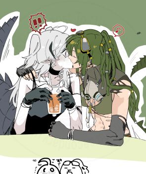! 2girls abs absurdres arknights ban_syou black_dress black_gloves black_streaks blush commentary crocodilian_tail dreadlocks dress drink fingerless_gloves french_kiss gavial_(arknights) gavial_the_invincible_(arknights) gloves goggles goggles_on_head green_background green_hair grey_eyes highres holding holding_drink kiss midriff multiple_girls partially_fingerless_gloves pointy_ears spoken_exclamation_mark tail tomimi_(arknights) white_hair yuri