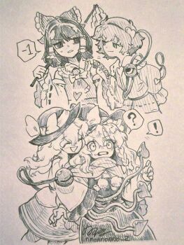 ! 4girls ? absurdres artist_name ascot blush bow braid buttons capelet closed_eyes closed_mouth collar commentary_request detached_sleeves eyeball frilled_bow frilled_hair_tubes frilled_shirt_collar frilled_sleeves frills gohei hair_bow hair_ornament hair_tubes hairband hakurei_reimu hat hat_bow heart heart_button heart_hair_ornament highres holding holding_collar holding_gohei hug hug_from_behind kirisame_marisa komeiji_koishi komeiji_satori long_hair long_sleeves menotama multiple_girls open_mouth pom_pom_(clothes) ribbon-trimmed_collar ribbon-trimmed_sleeves ribbon_trim shirt short_hair siblings side_braid signature single_braid sisters skirt smile speech_bubble spoken_exclamation_mark spoken_question_mark subterranean_animism sweatdrop third_eye touhou traditional_media witch_hat
