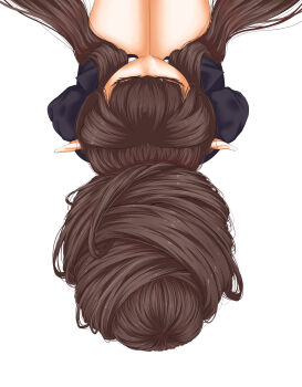 Rule 34 | 1girl, absurdres, bare legs, bebekp, brown hair, closed eyes, fate/apocrypha, fate (series), from above, hair bun, hair flowing over, hair focus, highres, jacket, long hair, pointy ears, semiramis (fate), simple background, single hair bun, sitting, suit jacket, very long hair, white background