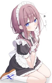 1girl apron black_dress blue_eyes brown_hair commentary dress highres looking_at_viewer low_twintails maid maid_apron maid_headdress name_tag sakuraba_waka shoes short_sleeves simamura_hibari simple_background sitting socks solo squiggle tears translated twintails waka-chan_wa_kyou_mo_azatoi wariza white_apron white_background white_shoes white_socks