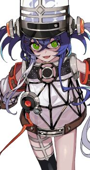 Rule 34 | 1girl, blue hair, duel monster, green eyes, hair between eyes, hat, highres, kewl tune cue, long hair, looking at viewer, manarou, multicolored hair, see-through clothes, see-through hat, see-through skirt, shako cap, single thighhigh, skirt, smile, solo, thighhighs, twintails, two-tone hair, white hair, yu-gi-oh!