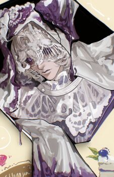 Rule 34 | 1boy, black sclera, colored sclera, expressionless, highres, hood, hood up, identity v, ithaqua (identity v), lace, looking at viewer, male focus, official alternate costume, purple eyes, purple hood, purple theme, shu0718, solo, white hair