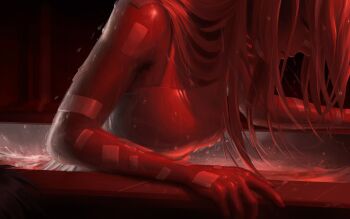 1girl ariane_yeong bandaid bandaid_on_arm bandaid_on_cheek bandaid_on_face bandaid_on_forehead bandaid_on_nose closed_eyes dress dustykuro elster_(signalis) facing_viewer from_side hair_between_eyes highres liquid long_hair out_of_frame partially_submerged realistic red_light signalis sleeveless sleeveless_dress solo_focus too_many_bandaids upper_body water_drop wet white_dress white_hair