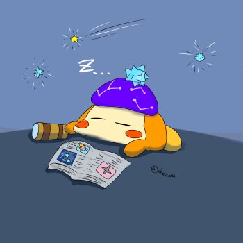 astronomer_waddle_dee beret blush book closed_eyes constellation_print hat highres holding holding_telescope kirby kirby_(series) kirby_and_the_forgotten_land lying nintendo on_stomach purple_hat shooting_star sleeping star-crossed_world star_(symbol) tagme telescope twitter_username warp_star who_is_waz yellow_star zzz