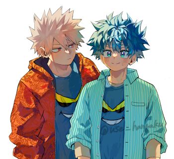 2boys bakugou_katsuki blonde_hair blue_shirt boku_no_hero_academia closed_mouth collared_shirt commentary_request crew_neck green_eyes green_hair hair_between_eyes highres hood hood_down hooded_jacket jacket looking_to_the_side male_focus midoriya_izuku multiple_boys official_alternate_costume open_clothes open_jacket orange_jacket patterned_clothing pinstripe_pattern pinstripe_shirt red_eyes shirt sideways_glance simple_background sleeves_rolled_up smile spiked_hair twitter_username upper_body use_zeinuki white_background wing_collar