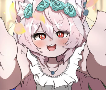 1girl ahoge animal_ear_fluff animal_ear_piercing animal_ears blush bright_pupils commentary_request dress furry furry_female hair_ornament highres long_hair looking_at_viewer open_mouth pink_fur pink_hair rabbit_ears rabbit_girl red_eyes short_eyebrows solo tatsu_(hukkatsu) thick_eyebrows wedding_dress white_pupils zenless_zone_zero zhao_(zenless_zone_zero)
