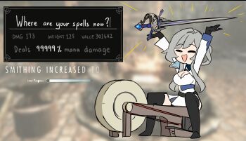 absurdres arms_up black_gloves black_thighhighs breasts centurii-chan chibi cleavage closed_eyes dress gloves grey_hair grindstone highres large_breasts long_hair long_sleeves open_mouth phase_connect sitting smile the_elder_scrolls the_elder_scrolls_v:_skyrim thighhighs white_dress wilhelmina_frost