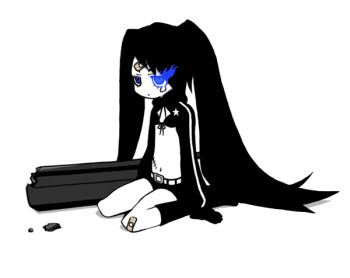 1girl animated animated_gif arm_cannon arm_support bandaid bandaid_on_face bandaid_on_forehead bandaid_on_knee bandaid_on_leg belt belt_buckle bikini bikini_top_only black_bikini black_boots black_gloves black_hair black_jacket black_rock_shooter black_rock_shooter_(character) black_shorts blinking blue_eyes boots buckle closed_mouth colored_skin crying diagonal_bangs drawstring flaming_eye from_side front-tie_bikini_top front-tie_top full_body gloves high_collar jacket jitome knee_boots long_hair long_sleeves looking_ahead looping_animation lower_eyelashes_only micro_shorts midriff navel no_nose open_clothes open_jacket popped_collar scar scar_on_stomach shisen shorts simple_background sitting solo star_(symbol) star_print stomach string_bikini swimsuit teardrop twintails very_long_hair wariza weapon white_background white_skin