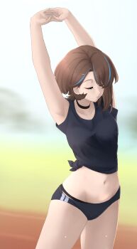 absurdres alice_gunlock armpits buruma commission fav_faris gym_uniform highres midriff midriff_peek navel original panties panties_under_buruma panty_peek pixiv_commission shirt shorts stretching thighs tied_shirt underwear