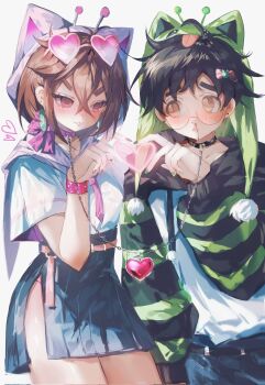 Rule 34 | 1boy, 1girl, :3, animal collar, animal hood, ayase momo, black collar, black hair, blood, blue pants, blue sky, blush, breasts, brown eyes, brown hair, capelet, cat hood, chain, chain leash, collar, commentary, cowboy shot, crossed bangs, dandadan, de557777, eyewear on head, furrowed brow, glasses, green nails, hair between eyes, heart, heart-shaped eyewear, heart hands, heart hands duo, highres, hood, leash, looking at another, medium breasts, medium hair, miniskirt, nail polish, neck ribbon, nosebleed, panties, pants, parted lips, pink capelet, pink collar, pink nails, pink panties, pink ribbon, pleated skirt, ribbon, round eyewear, shirt, short hair, short sleeves, side slit, skirt, sky, striped sleeves, takakura ken (dandadan), thick eyebrows, underwear, untranslatable commentary, white background, white shirt