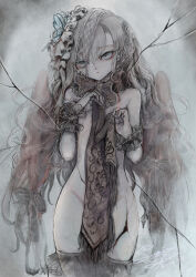 Rule 34 | 1girl, angel wings, butterfly hair ornament, commentary request, cowboy shot, cracked skin, doll, expressionless, flat chest, grey eyes, grey hair, hair ornament, hairband, highres, holding, holding clothes, holding scarf, lace, looking at viewer, nude, original, pale skin, scarf, sumire shisei, wings, wrist cuffs