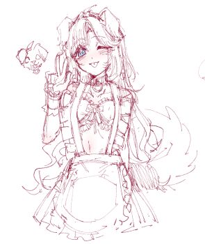 1girl alternate_costume animal_ears anyoji_hime apron bad_source bikini blue_eyes collar collarbone commentary_request cowboy_shot dog dog_ears dog_girl dog_tail frilled_apron frilled_bikini frills greyscale kemonomimi_mode link!_like!_love_live! looking_at_viewer love_live! maid maid_bikini monochrome one_eye_closed open_mouth parted_lips protected_link simple_background sketch spot_color swimsuit tail unconventional_maid virtual_youtuber w waist_apron white_background yrxy_settingsun