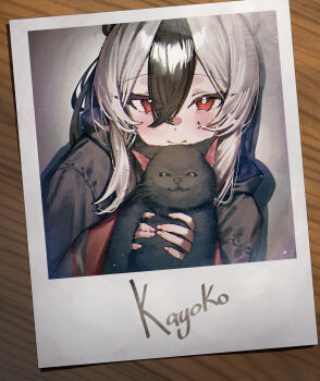 1girl :3 ^_^ animal betabeet black_cat black_hair black_hoodie blue_archive blush cat character_name closed_eyes closed_mouth hair_between_eyes highres holding holding_animal hood hood_down hoodie kayoko_(blue_archive) long_hair looking_at_viewer multicolored_hair polaroid_photo ponytail red_eyes smile streaked_hair white_hair