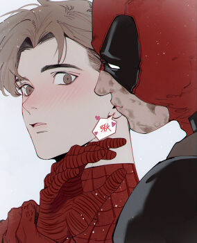 2boys bare_shoulders black_bodysuit blush bodysuit brown_eyes brown_hair chinese_commentary closed_mouth danmo222 deadpool deadpool_(series) hand_up heart highres holding_another's_wrist looking_at_another male_focus marvel multicolored_bodysuit multiple_boys open_mouth peter_parker red_bodysuit red_mask simple_background smile speech_bubble spider-man spider-man_(series) spider_web_print superhero_costume two-tone_bodysuit white_background yaoi
