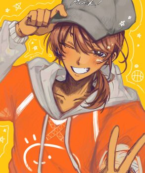 Rule 34 | 1boy, adjusting clothes, adjusting headwear, arm up, baseball cap, black eyes, bright pupils, brown hair, collarbone, commentary, dark-skinned male, dark skin, english commentary, grey hat, grin, hat, highres, hood, hood down, hoodie, kel (birthday) (omori), kel (faraway) (omori), kel (omori), long sleeves, looking at viewer, low ponytail, male focus, nata kadu, omori, one eye closed, open mouth, orange background, orange hoodie, ponytail, short hair, short ponytail, smile, solo, teeth, upper body, v, white pupils