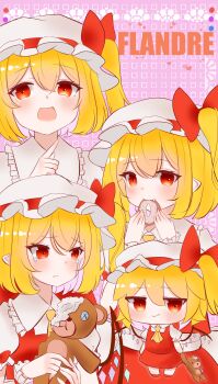 1girl 2091966 absurdres ascot blonde_hair blush character_name closed_mouth collared_shirt commentary_request crying crying_with_eyes_open crystal crystal_wings donut eating fang fang_out flandre_scarlet food frilled_shirt_collar frills hat highres holding holding_food holding_stuffed_toy looking_at_viewer mob_cap multicolored_wings multiple_views one_side_up open_mouth puffy_short_sleeves puffy_sleeves red_eyes red_skirt red_vest shirt short_sleeves skirt skirt_set smile stuffed_animal stuffed_toy stuffing tears teddy_bear touhou vest white_hat white_shirt wings wrist_cuffs yellow_ascot