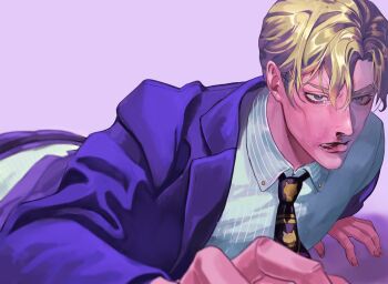Rule 34 | 1boy, animal print, black necktie, blonde hair, blood, blue eyes, cat print, cheekbones, collared shirt, diamond wa kudakenai, formal clothes, green shirt, jacket, jojo no kimyou na bouken, kira yoshikage, long sleeves, looking at viewer, lying, male focus, necktie, nosebleed, on stomach, pants, pinstripe pattern, pinstripe shirt, purple jacket, purple pants, rr9pt76u5phwgqx, shirt, short hair, solo, striped clothes, striped shirt, suit