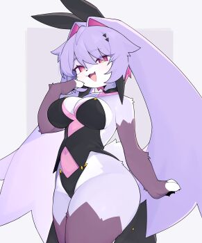 1girl :3 :d animal_ears black_leotard blush border commentary covered_navel cowboy_shot dated_commentary dev_voxy fang furry furry_female grey_background hair_between_eyes hair_intakes hand_up highres leotard long_hair looking_at_viewer open_mouth original outside_border pink_eyes purple_fur purple_hair rabbit_ears simple_background smile solo strapless strapless_leotard white_border