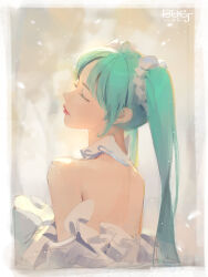 Rule 34 | 1girl, absurdres, aqua hair, backless dress, backless outfit, bare shoulders, border, closed eyes, closed mouth, dress, eyelashes, frilled dress, frills, from behind, grey border, hair ornament, hatsune miku, head back, highres, lips, long hair, nape, nose, off-shoulder dress, off shoulder, pekakiu, profile, shoulder blades, solo, twintails, upper body, vocaloid, white dress