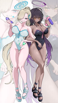 2girls absurdres ahoge asuna_(blue_archive) bare_shoulders black_hair black_one-piece_swimsuit black_sandals blonde_hair blue_archive blue_eyes blue_halo blue_one-piece_swimsuit blue_sandals blush breasts cleavage collarbone covered_navel dark-skinned_female dark_skin gradient_hair grin groin hair_between_eyes hair_over_one_eye halo highleg highleg_one-piece_swimsuit highres karin_(blue_archive) large_breasts locked_arms long_hair low_twintails mole mole_on_breast multicolored_hair multiple_girls one-piece_swimsuit ponytail purple_hair purple_halo sandals shiro_sai5 smile swimsuit thighs twintails very_long_hair water_balloon water_gun yellow_eyes